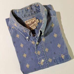 Woolrich, VTG 90s Blue Patterned Short Sleeve Button-down Shirt, L 100% Cotton